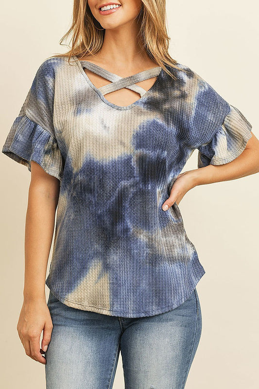 Criss cross neck ruffle sleeve tie dye waffle top (EF4473)