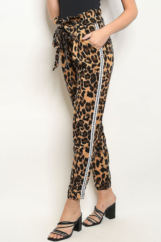 Animal print letter contrast waist tie slim pants (DGB2831)