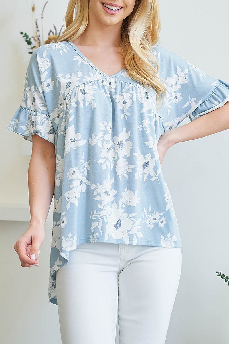 Ruffle sleeve hi low hem floral yoke top (EF3657)