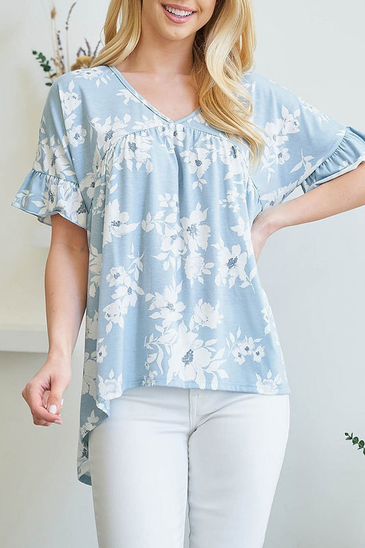 Ruffle sleeve hi low hem floral yoke top (EF3657)