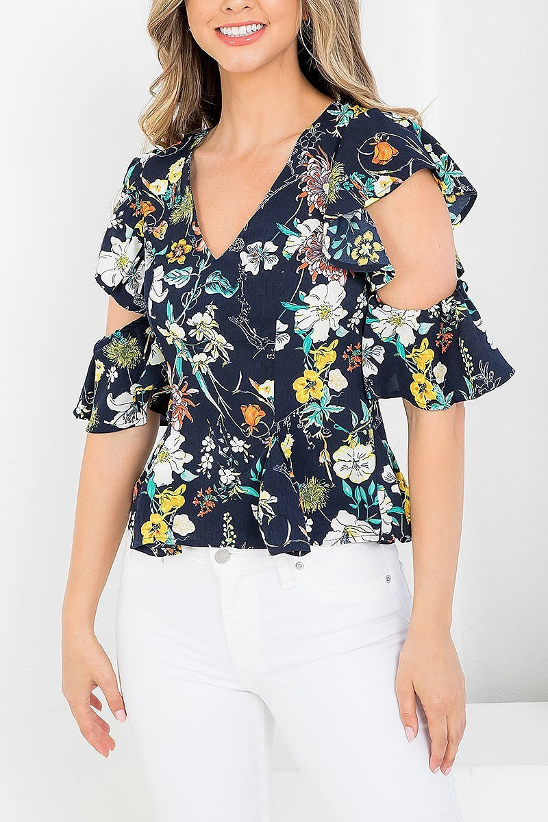 Floral print v neck cut out sleeve top (EF3553-MW1D)