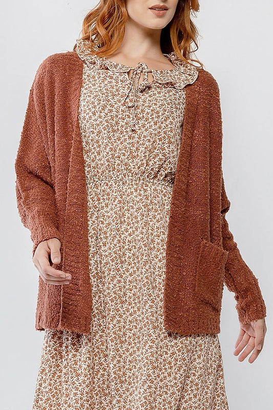 Textured two pocket open front cardigan (TDG9947)