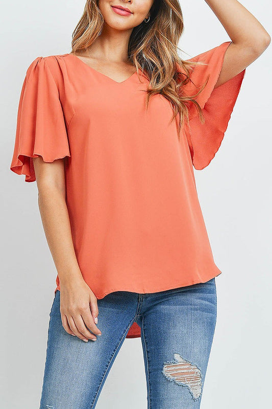 Waterfall sleeve v neck round hem top (ED9956)