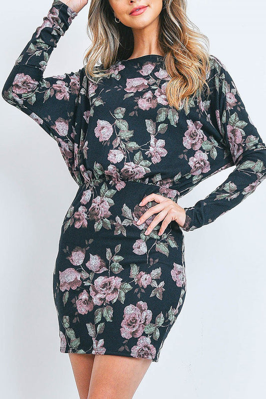 Floral print chined waist mini dress (DED6908)