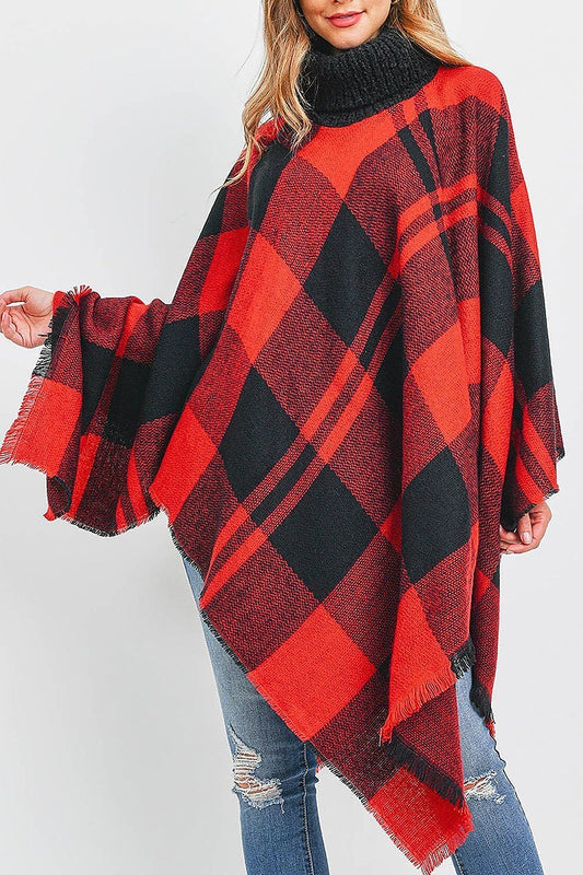 Plaid knitted turtlekneck poncho (DGS5458)