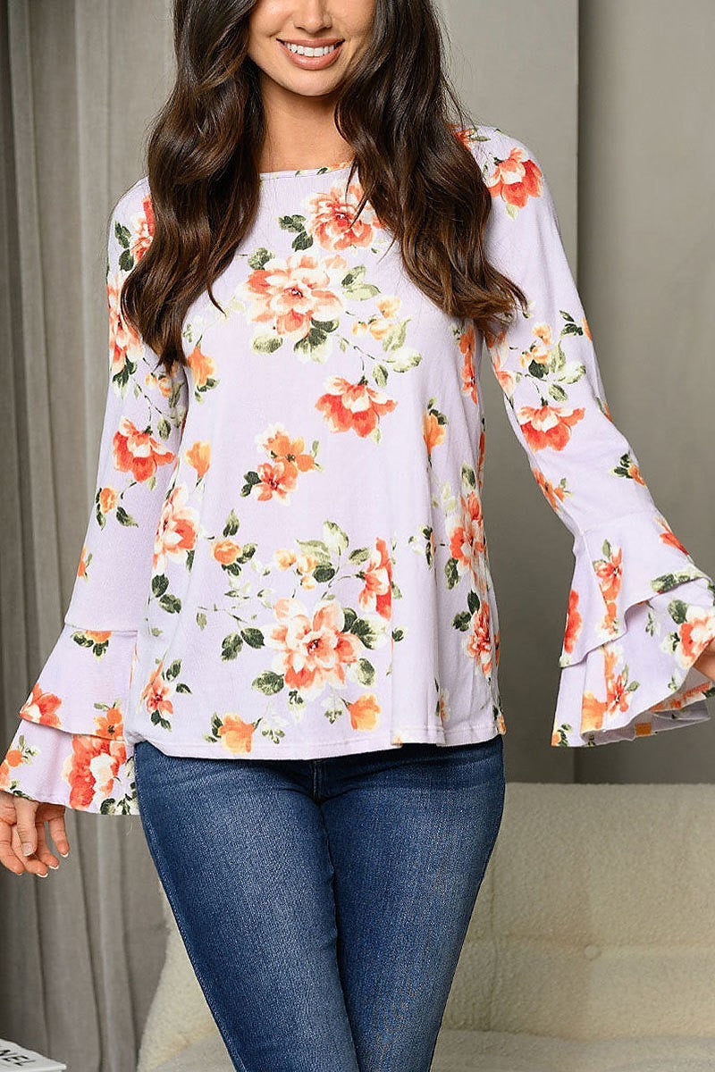 Long bell sleeve ruffle floral tunic top (EDWT6854)