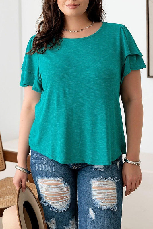 Double ruffle short sleeve crew neck top (TED3012)