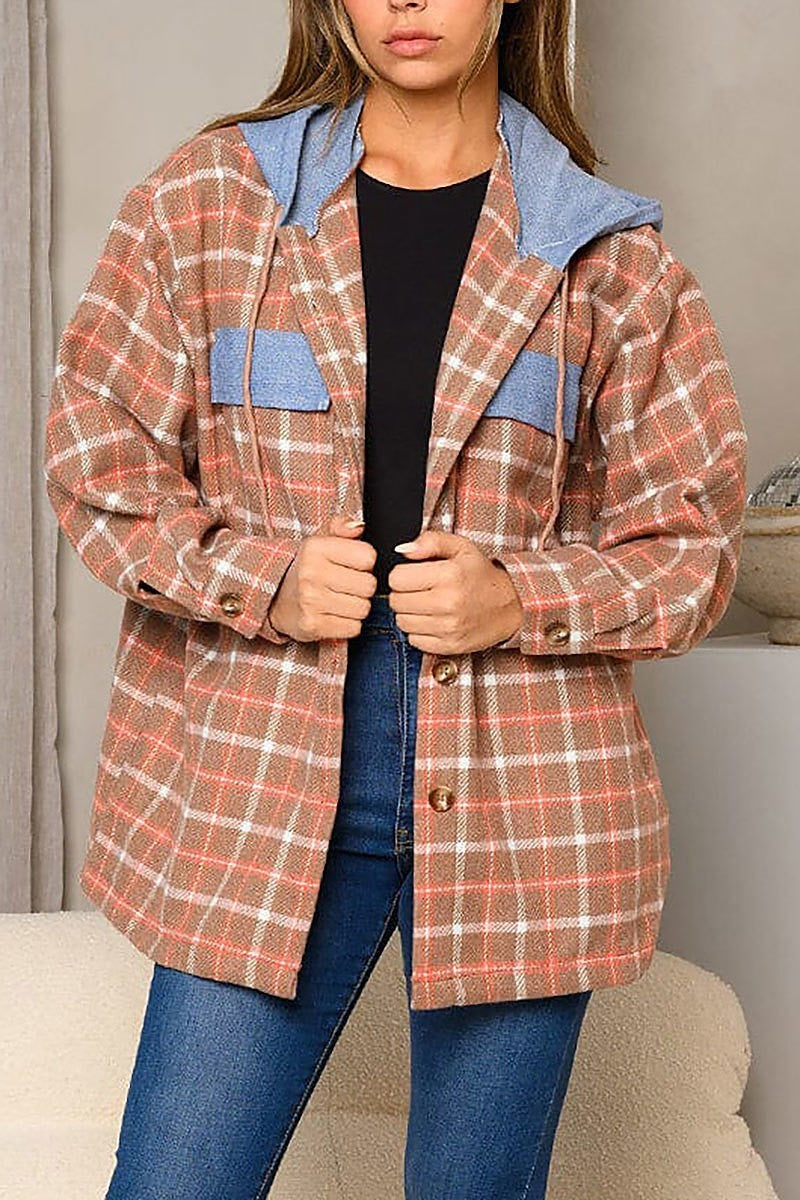 Long sleeve plaid denim hooded jacket (EDWT8354)