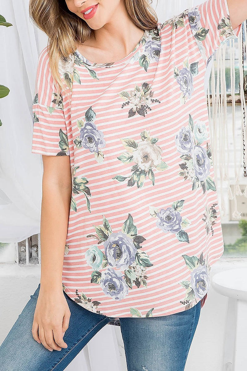 Floral stripe pleated back loose fit top (EF3089)