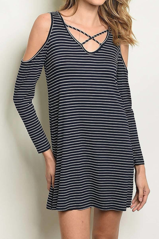 Crisscross neck detail cutout shoulder stripe dress (DED3576-LAST)