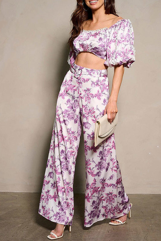 Short sleeve crop top & belted pants floral set (EFWT9512-2)