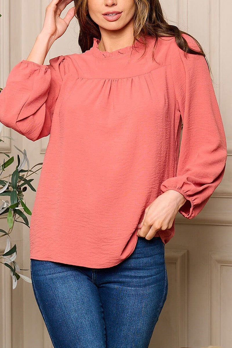 Long sleeve ruffle neck detailed blouse top (EFWT5494)