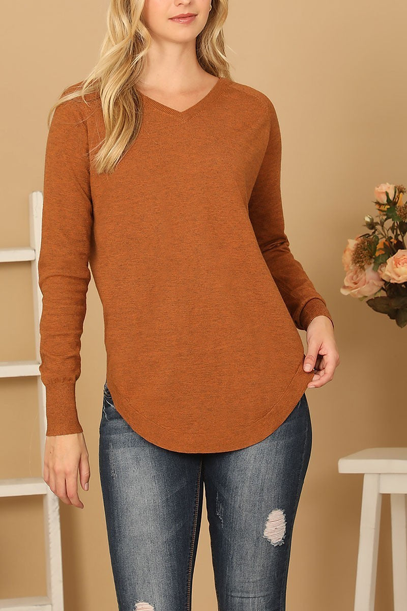 V-neck long sleeve curve hem sweater (DGS6680)