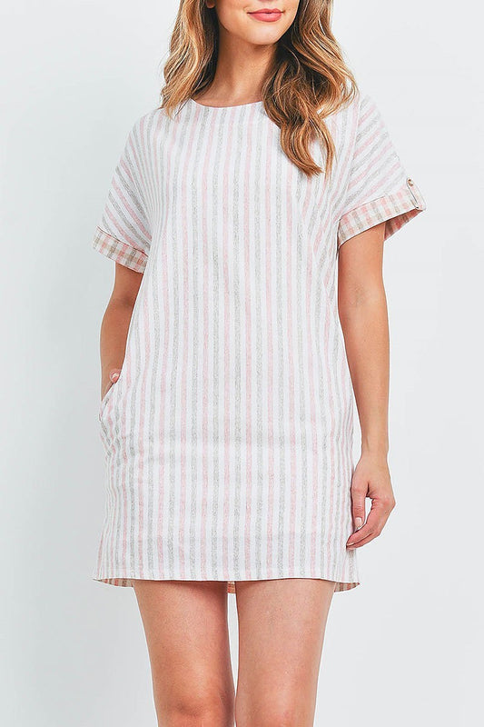 Stripe checker mix pocket detail dress (DED6343)