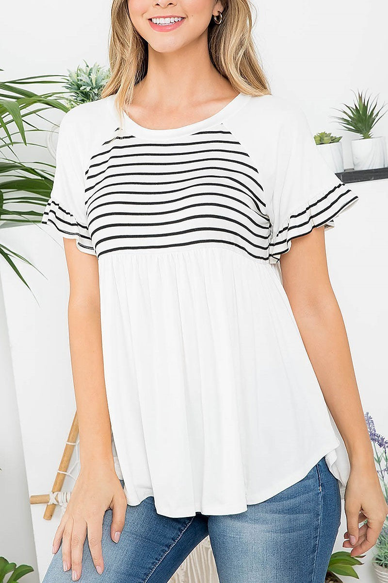 Stripe contrast ruffle detail color block top (EF3067)