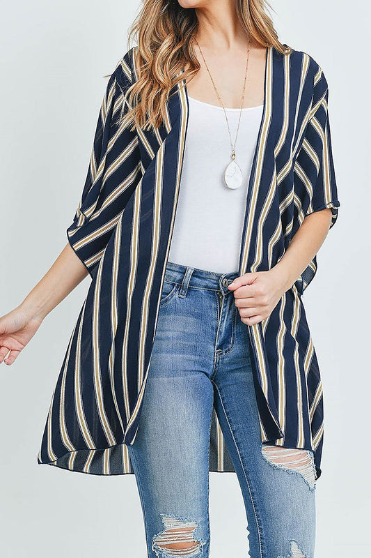 Short sleeve open front vertical stripe kimono (ED8870-2)