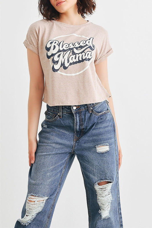 Blassed mama roll up slleve crop top (TED1935)