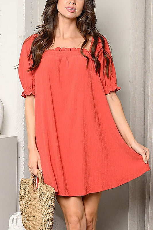 Short puff sleeve square neck tunic mini dress (EDWT9524)