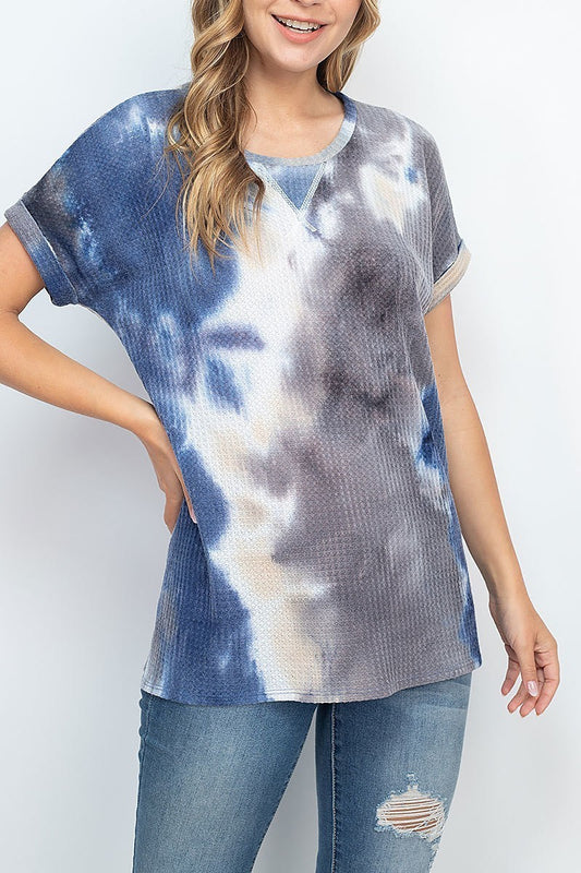 Rolled sleeve round neck waffle tie dye top (EF1859)