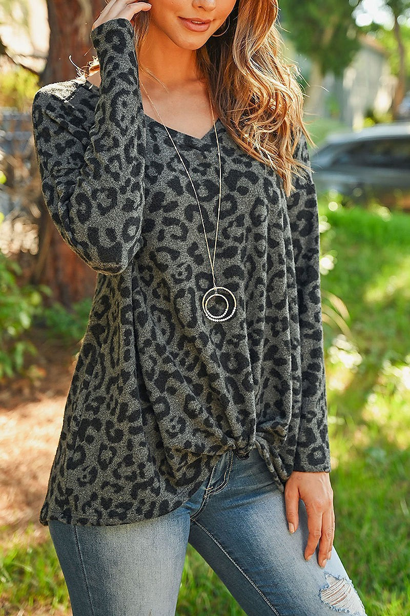 Leopard brushed long sleeve v neck knot top (ED8071)