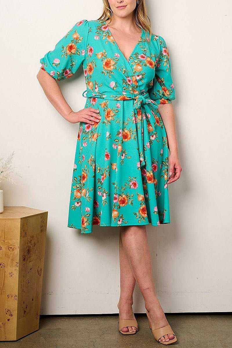 Short sleeve surplice fit & flare floral dress (EFWT9012)