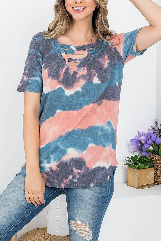 Tie dye keyhole v neck blouse top (EF4093)