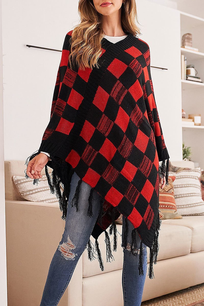 Plaid fringe poncho (DGS5313)