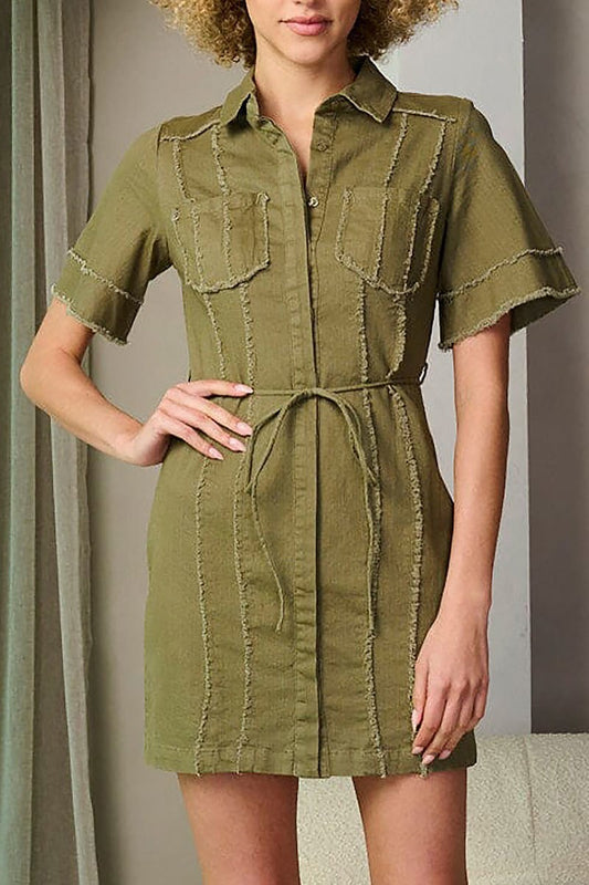 Short sleeve button up trim detailed mini dress (EFWT8332)