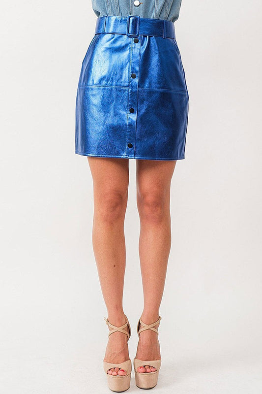 Button up belted metallic mini skirt (EFWT9683)