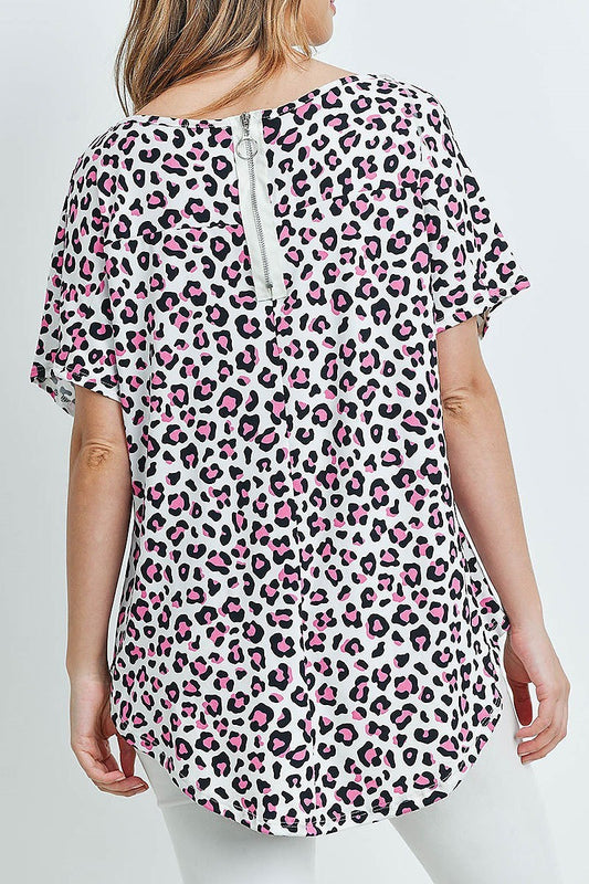 Round neck zipper neck detail animal print top (ED8629-2)