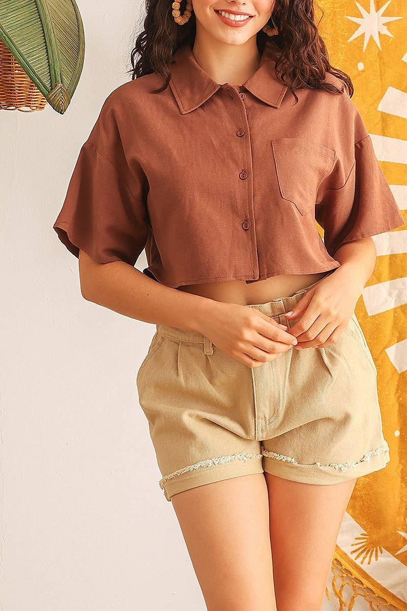 Pocket detail button front crop top (TED1849)