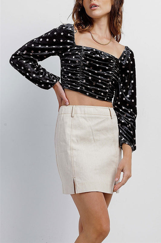 Polka dot velvet ruched crop top (TDG9976)