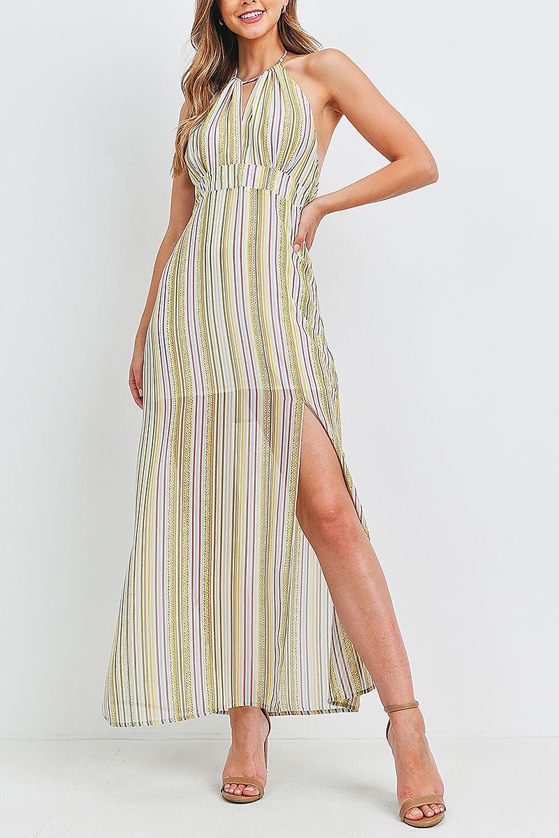 Stripe print halter neck maxi dress (DED6417)