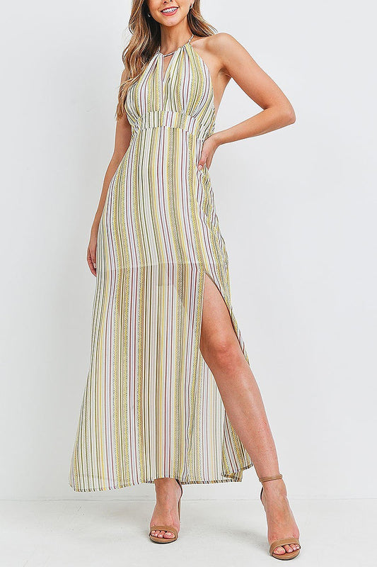 Stripe print halter neck maxi dress (DED6417)