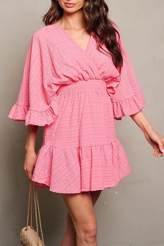 3/4 sleeve surplice smock waist ruffle mini dress (EGWT1711)