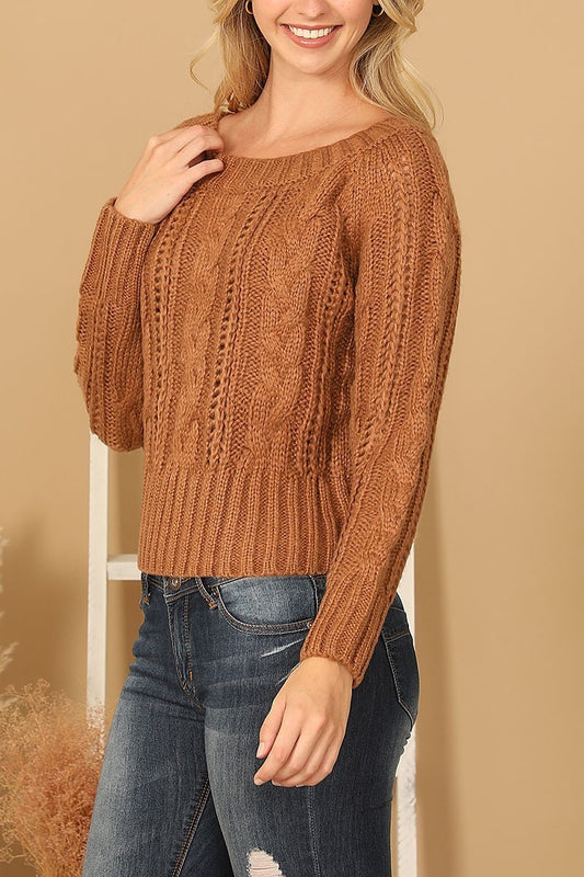 Chunky cable knit off shoulder crop sweater (DGS6722)