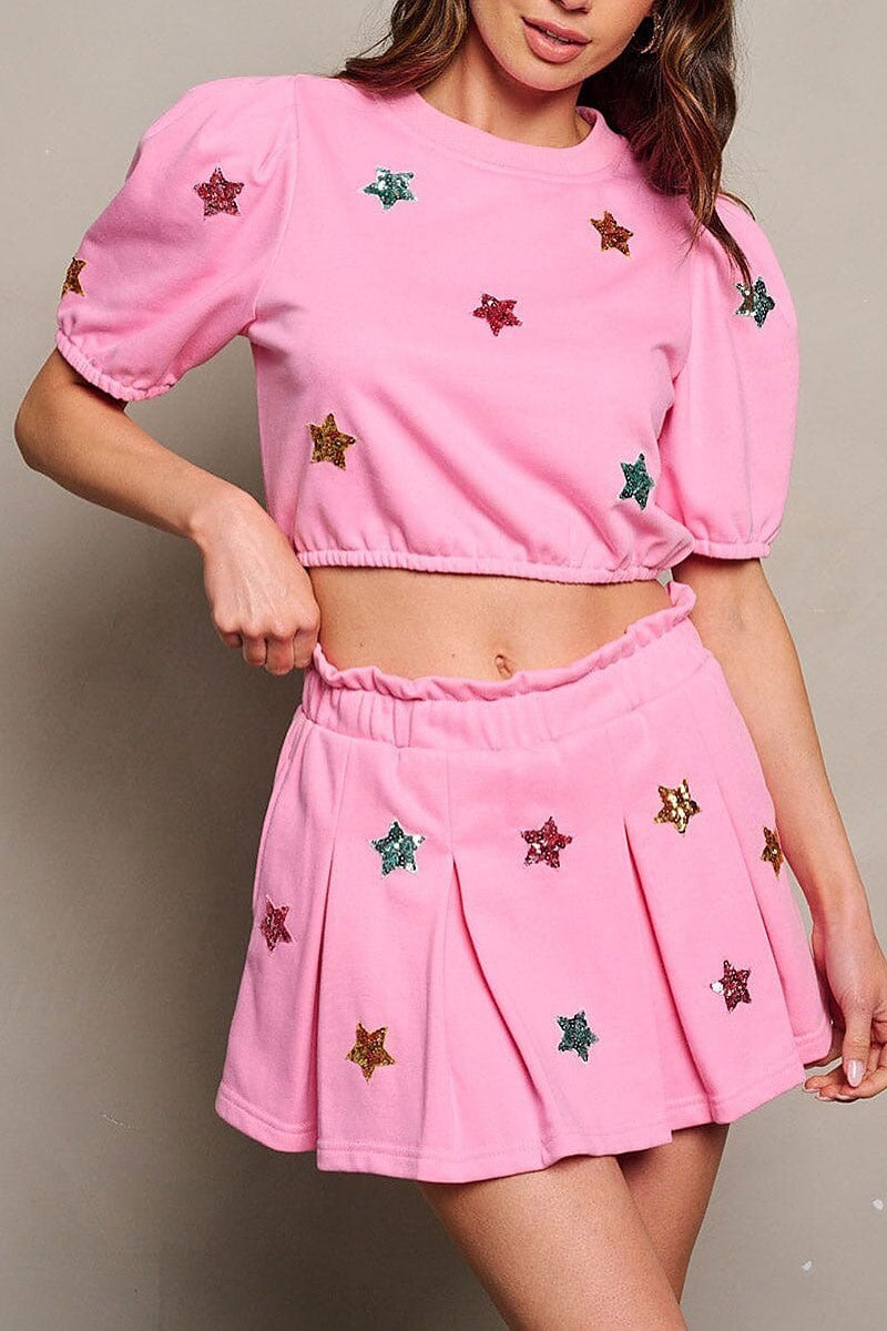 Short puff sleeve sequins stars crop top (EGWT1812-TOP)