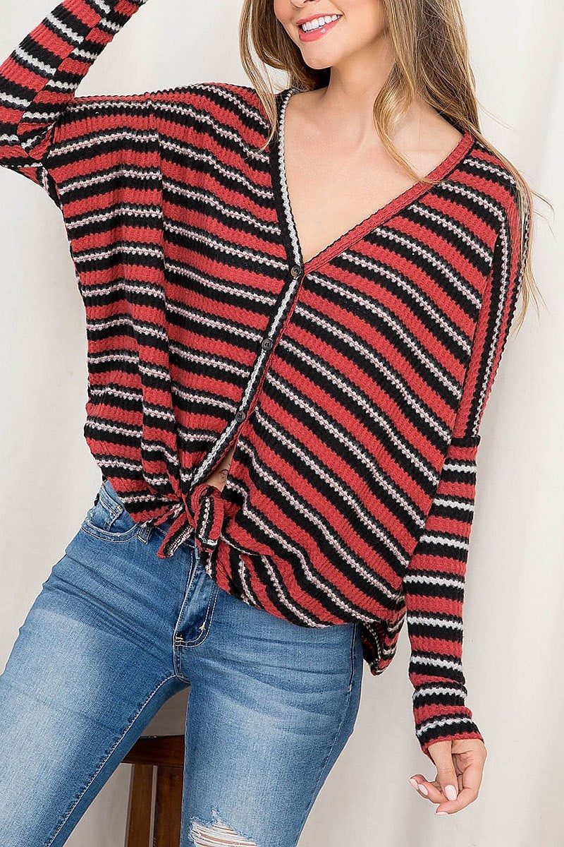 V neck button front waist tie multi stripe loose fit top (EF2550)