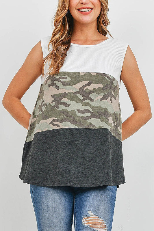 Camouflage solid rib contrast tank top (EF1030)