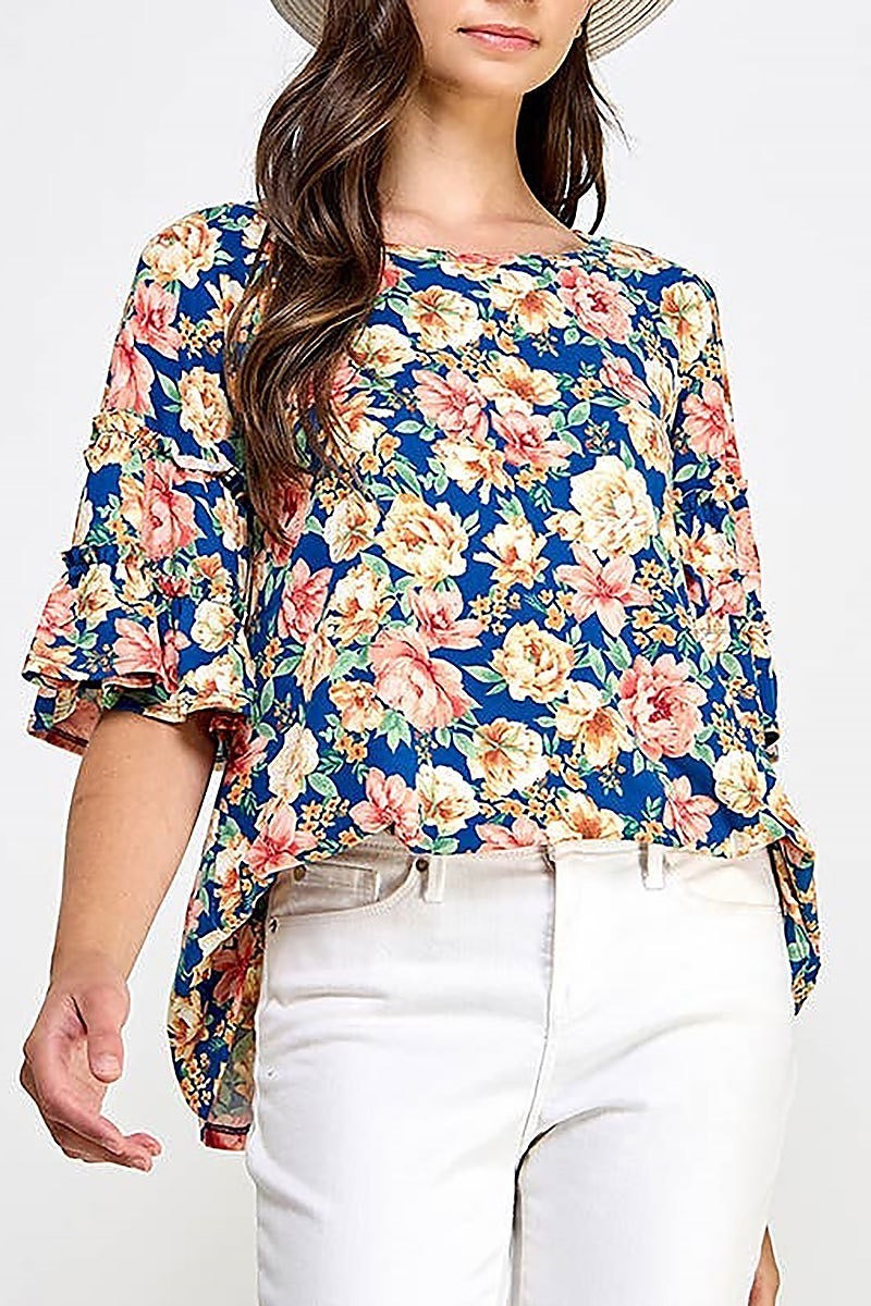 Tiered bell sleeve floral knit top (EF7339)