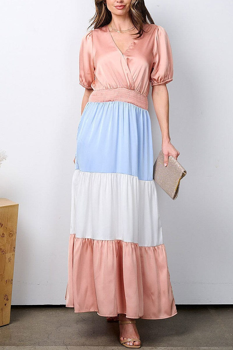 Surplice smock waist colorblock maxi dress (EFWT7326)