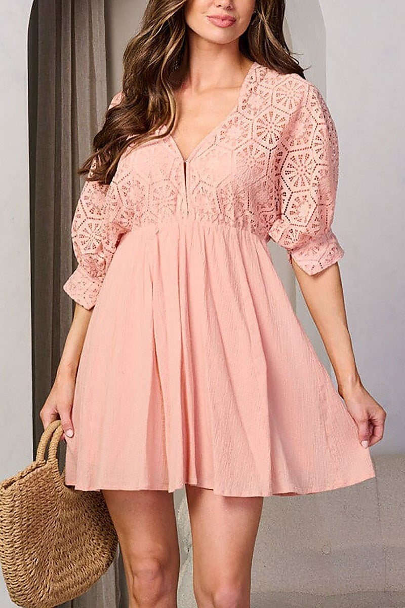 3/4 sleeves v-neck fit & flare mini dress (EFWT8130)