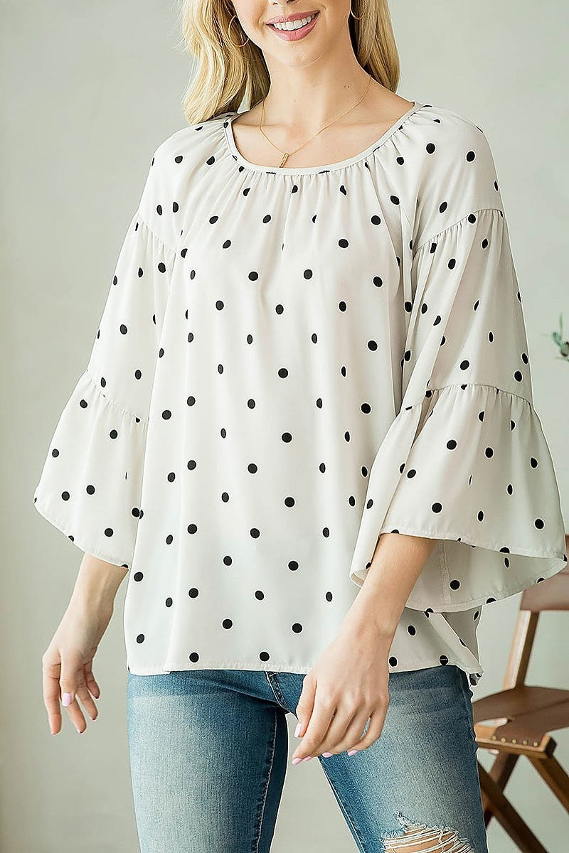 Bell sleeve polka dot ruched top (EF3938)