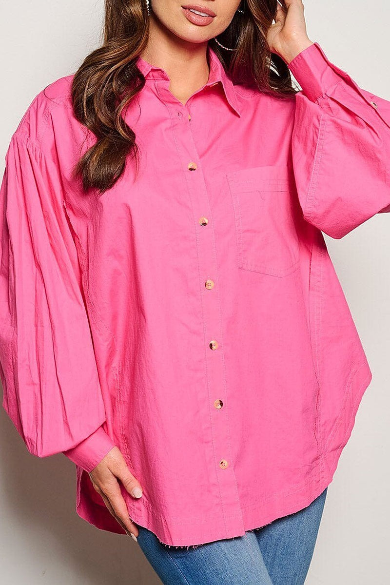 Long puff sleeve button up blouse top (EGWT1122)