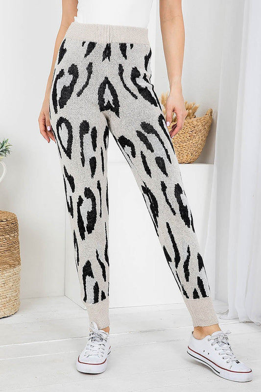 Animal print cuffed waist knitted pants (DGB3552)