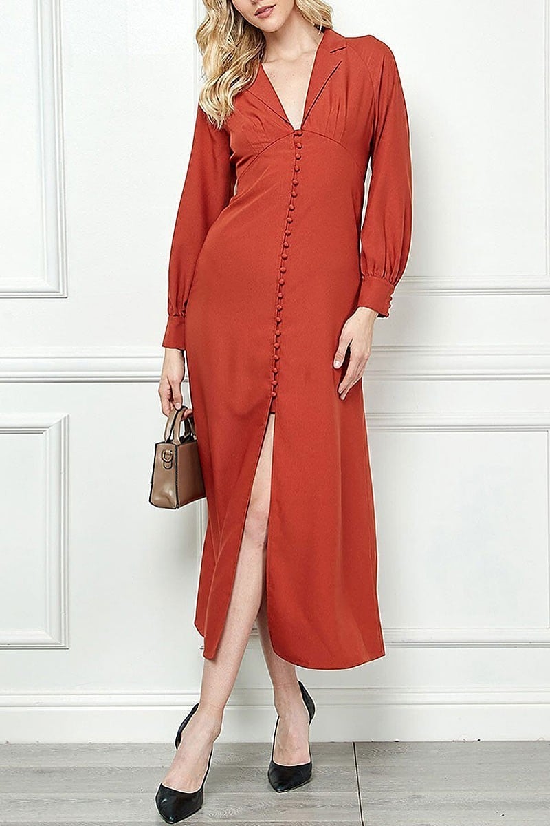 Long sleeve v-neck button up maxi dress (EGWT1335)