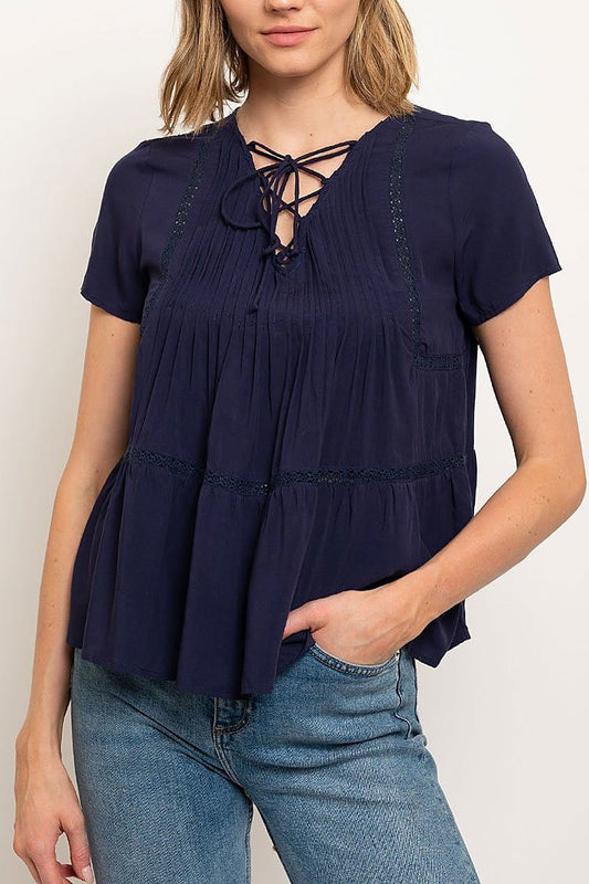 Lace trim tiered pleated top (EDWT2491)