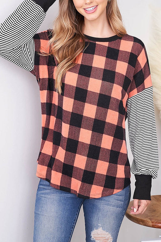 Stripe sleeve checker body color block top (EF2515)