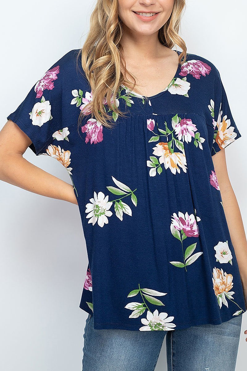 Short sleeve floral print pleated top (EF2162)