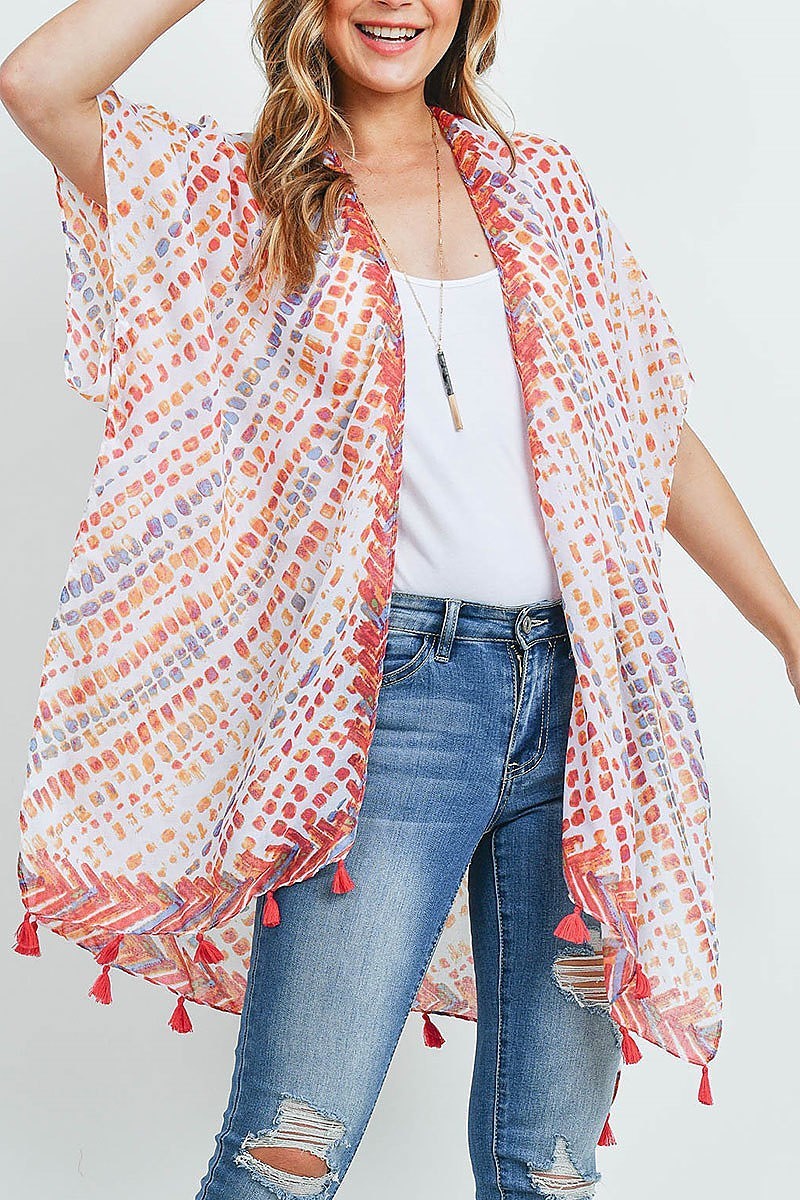 Multi color dash pattern tassel kimono top (ED9448)